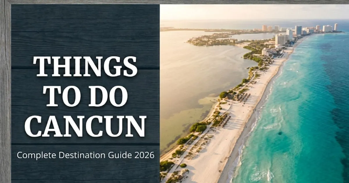 Aerial view of Cancun Hotel Zone with turquoise Caribbean waters and headline text showing things to do cancun