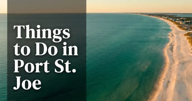 Aerial view of Cape San Blas white sand beaches and emerald Gulf waters with Things to Do in Port St. Joe text overlay