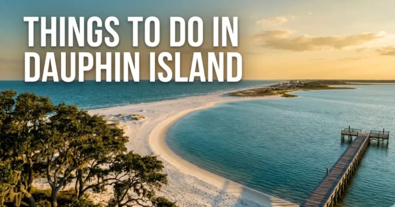 Aerial view of Dauphin Island Alabama beach and bay at golden hour — guide to things to do in Dauphin Island