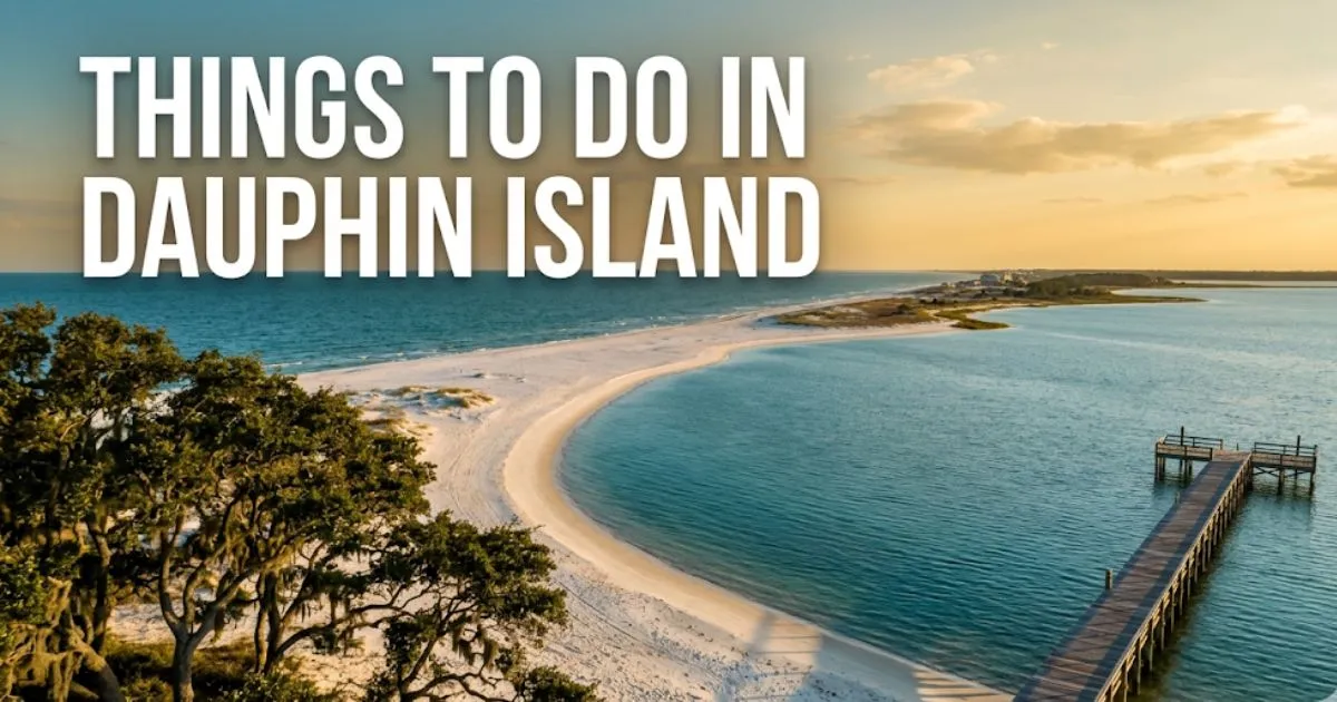 Aerial view of Dauphin Island Alabama beach and bay at golden hour — guide to things to do in Dauphin Island