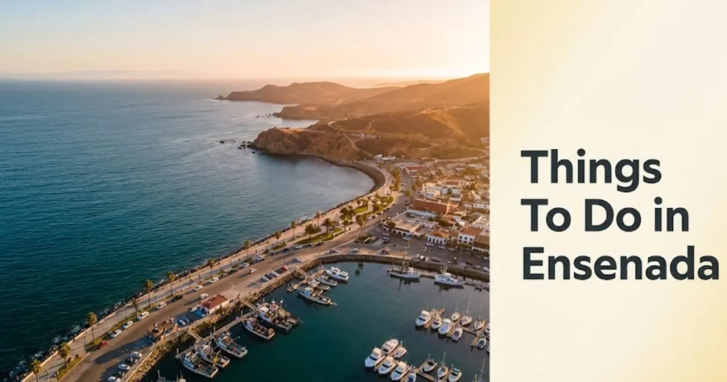 Aerial view of Ensenada Mexico bay and waterfront at golden hour with Things To Do in Ensenada text overlay