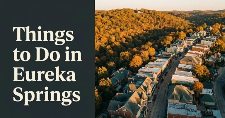 Aerial view of Eureka Springs Arkansas Victorian historic downtown at golden hour with headline Things to Do in Eureka Springs