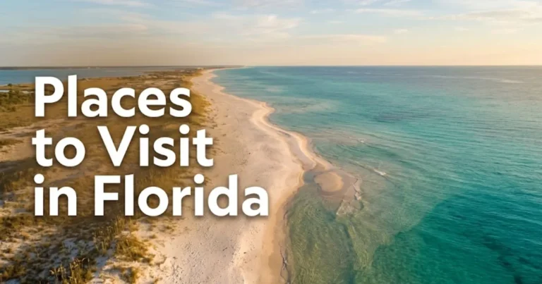 Aerial view of Florida Gulf Coast turquoise shoreline at golden hour, best places to visit in florida travel guide