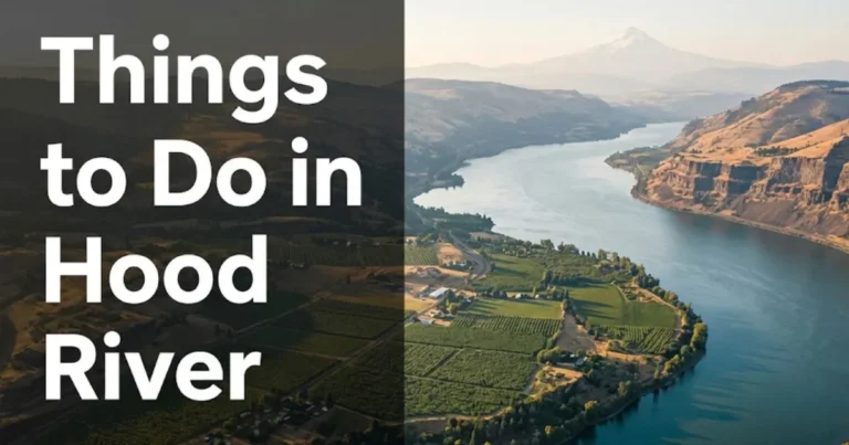 Aerial view of Hood River Oregon and Columbia River Gorge with text overlay reading Things to Do in Hood River