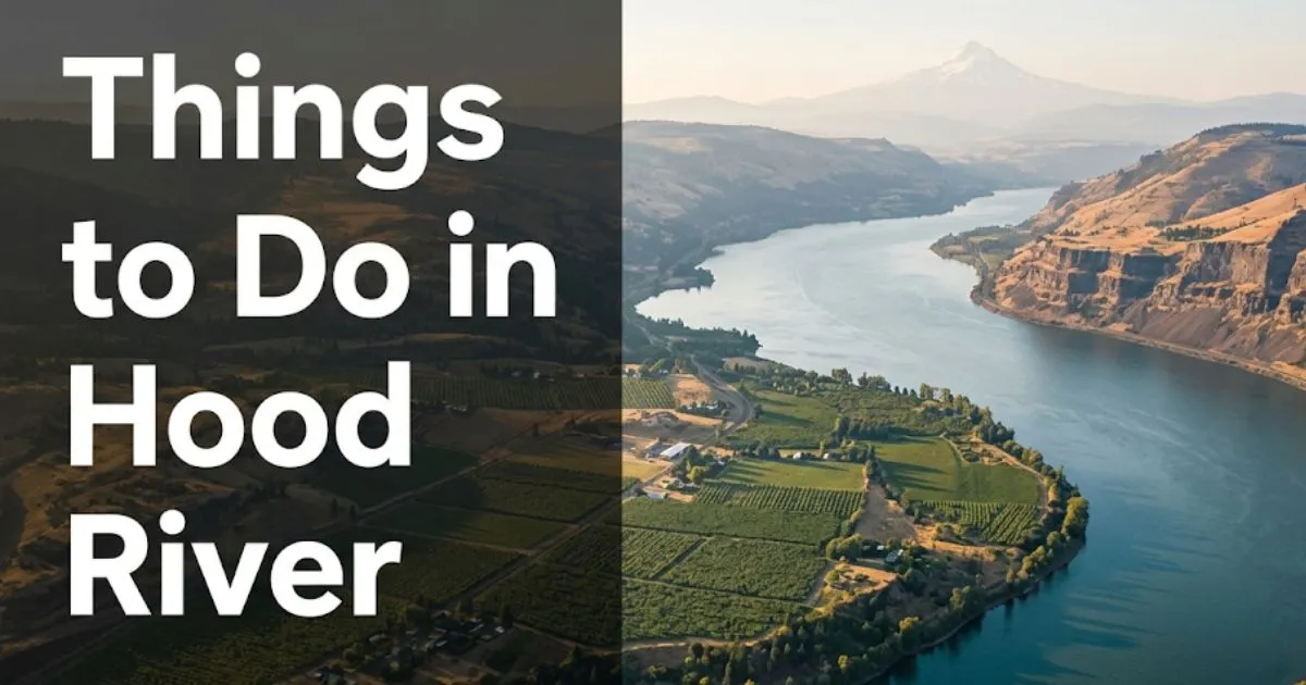 Aerial view of Hood River Oregon and Columbia River Gorge with text overlay reading Things to Do in Hood River