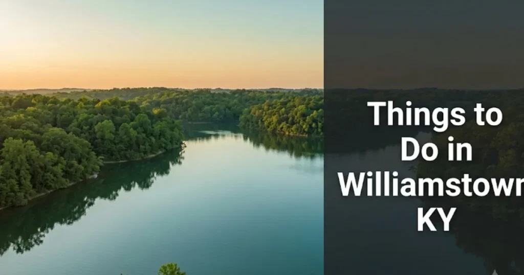 Aerial view of Kincaid Lake at golden hour in Williamstown KY, with editorial headline text overlay reading Things to Do in Williamstown KY