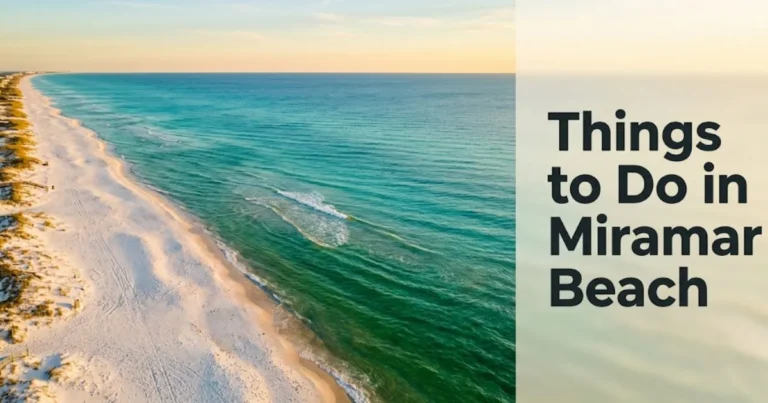 Aerial view of Miramar Beach Florida's emerald Gulf shoreline at golden hour with text overlay Things to Do in Miramar Beach