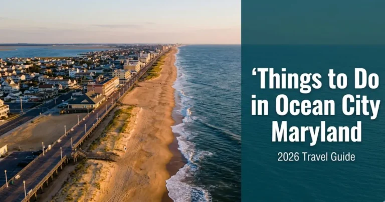 Aerial view of Ocean City Maryland Boardwalk and Atlantic beach at golden hour with text overlay Things to Do in Ocean City Maryland