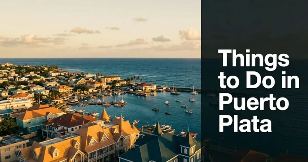 _Aerial view of Puerto Plata harbor and Victorian rooftops with headline text reading Things to Do in Puerto Plata