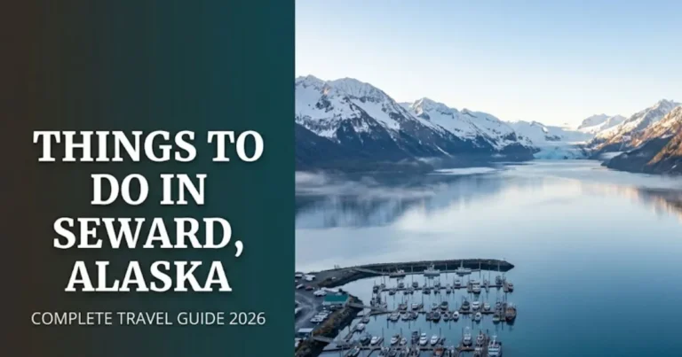 Aerial view of Resurrection Bay and Kenai Mountains in Seward Alaska, hero image for things to do in Seward Alaska guide