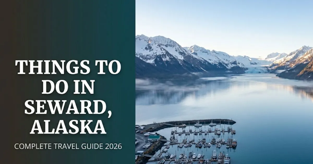 Aerial view of Resurrection Bay and Kenai Mountains in Seward Alaska, hero image for things to do in Seward Alaska guide