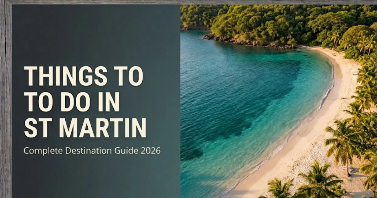 Aerial view of St. Martin's turquoise Caribbean beach with text overlay reading Things To Do in St Martin for 2026 travel guide