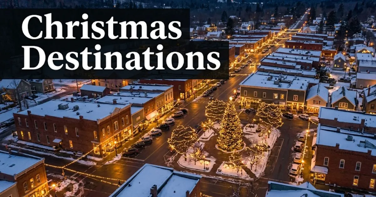 Aerial view of a festive American small town decorated for Christmas destinations with golden holiday lights and a lit town square tree