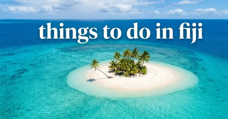 Aerial view of a pristine Yasawa Islands beach in Fiji with bold text reading things to do in fiji across the ocean.