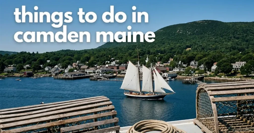 Aerial view of a windjammer sailing in Camden Maine harbor with mountains rising behind the town.