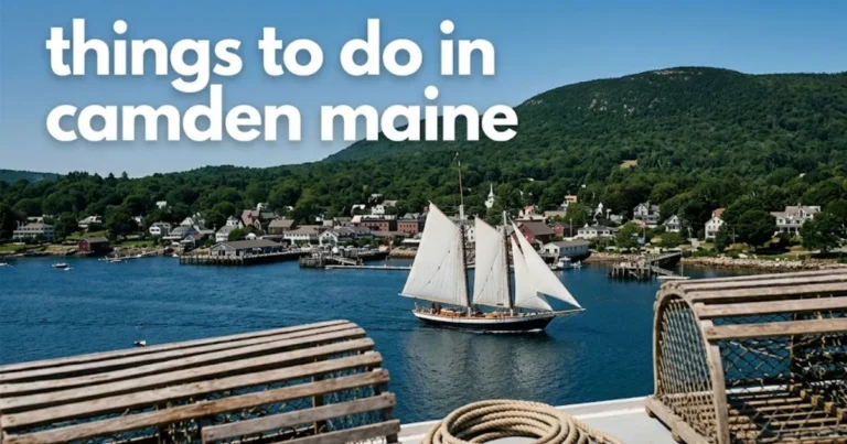 Aerial view of a windjammer sailing in Camden Maine harbor with mountains rising behind the town.