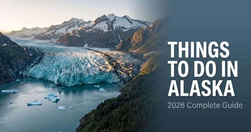 Aerial view of an Alaska glacier and fjord with the headline Things to Do in Alaska overlaid on a slate blue panel