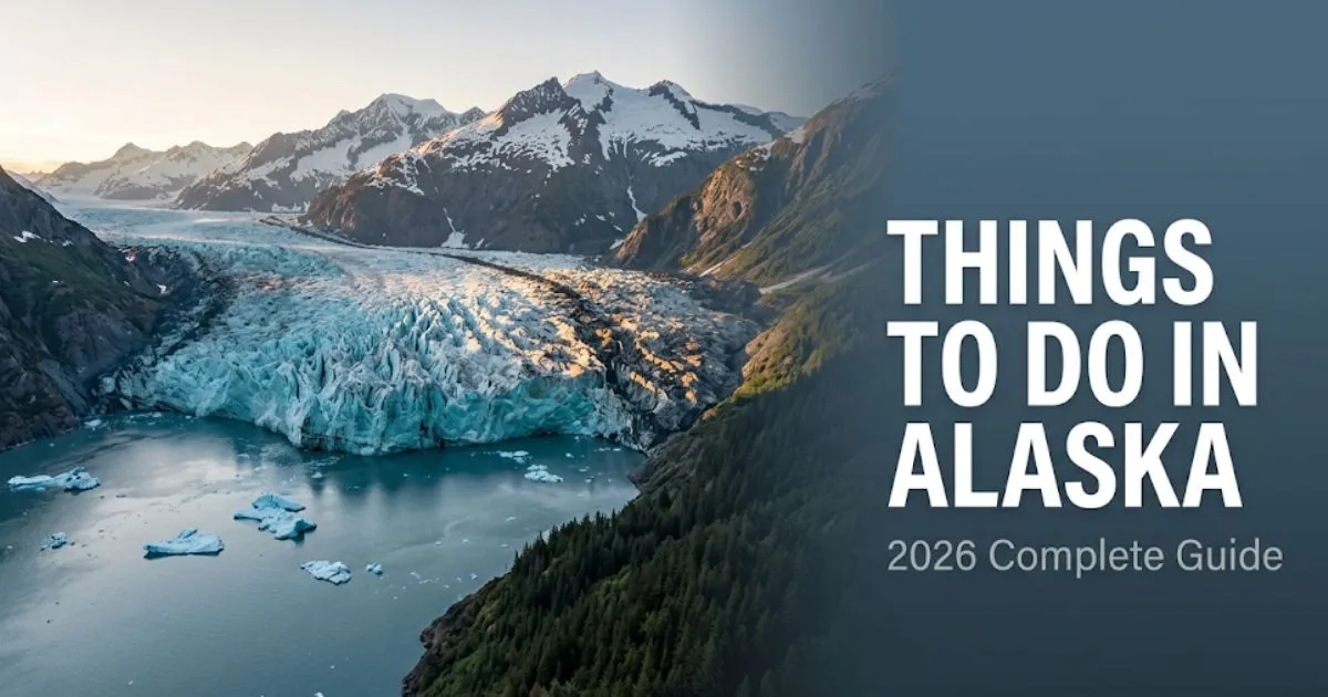 Aerial view of an Alaska glacier and fjord with the headline Things to Do in Alaska overlaid on a slate blue panel