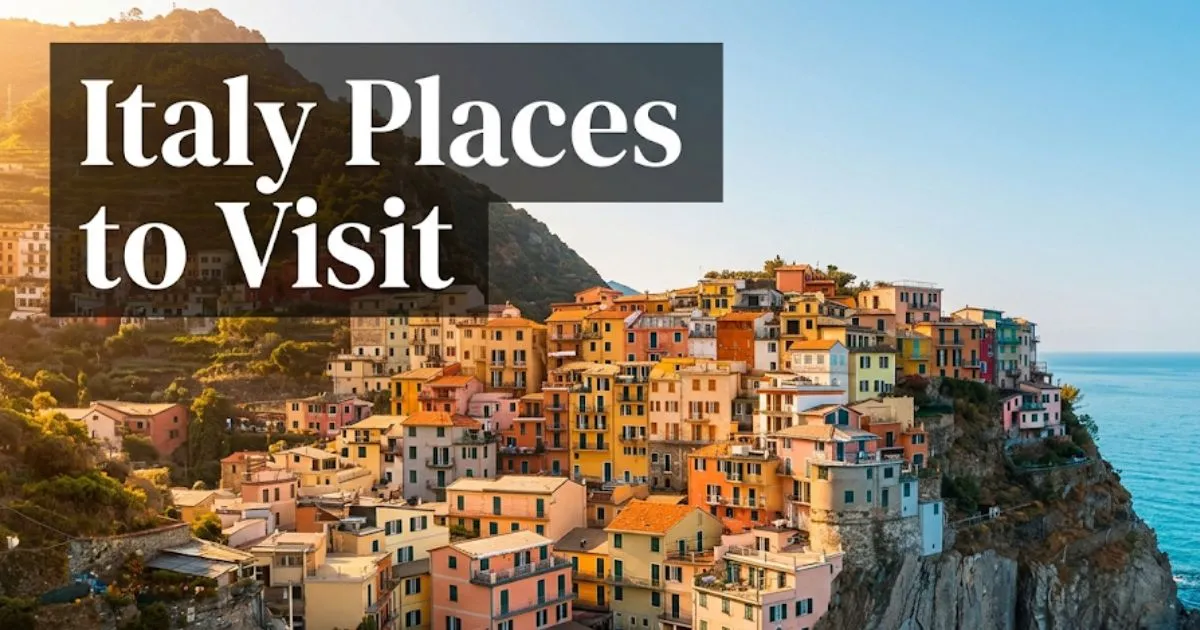 Aerial view of an Italian coastal village at golden hour with bold headline text reading Italy Places to Visit