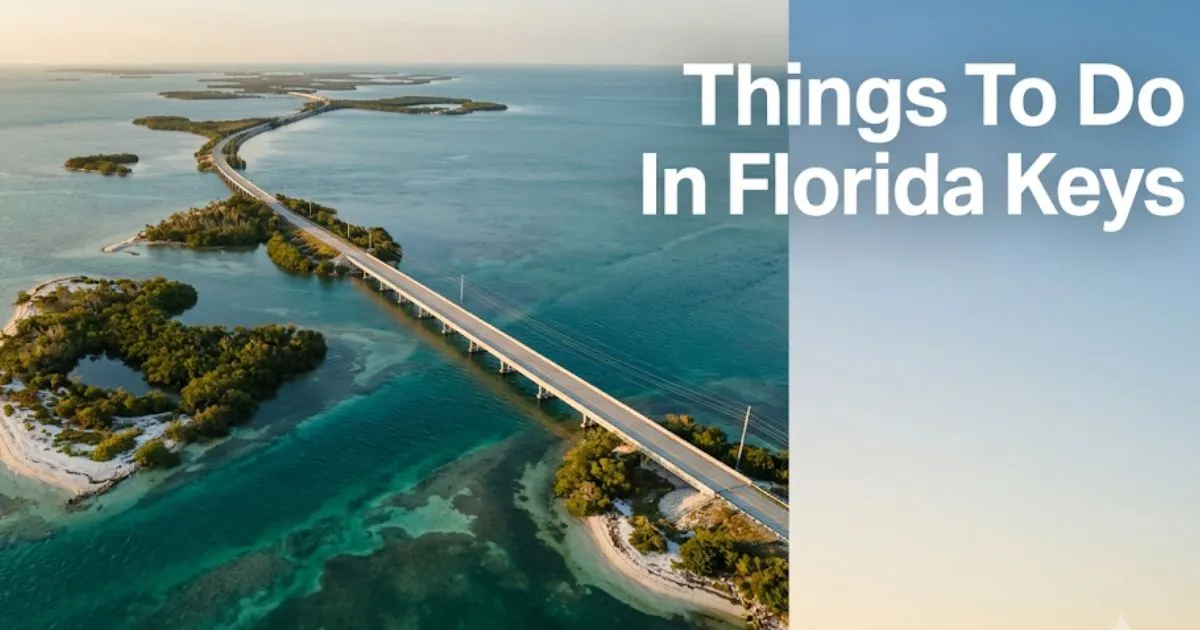 Aerial view of the Florida Keys Overseas Highway with text overlay reading Things To Do In Florida Keys as a 2026 travel guide hero banner.