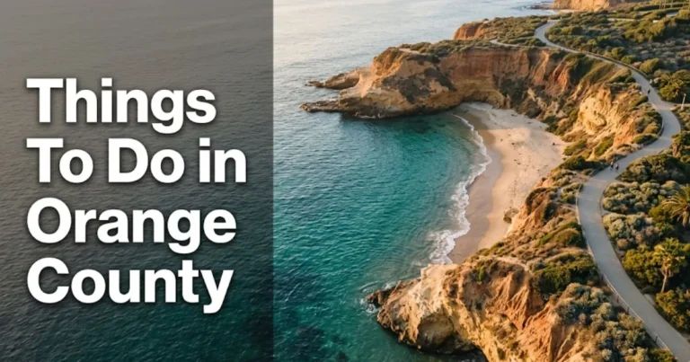 Aerial view of the Orange County California coastline at golden hour for a guide on things to do in Orange County.