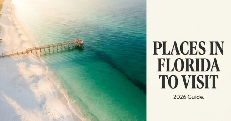 Aerial view of turquoise Gulf Coast beach with editorial headline overlay reading places in florida to visit travel guide 2026