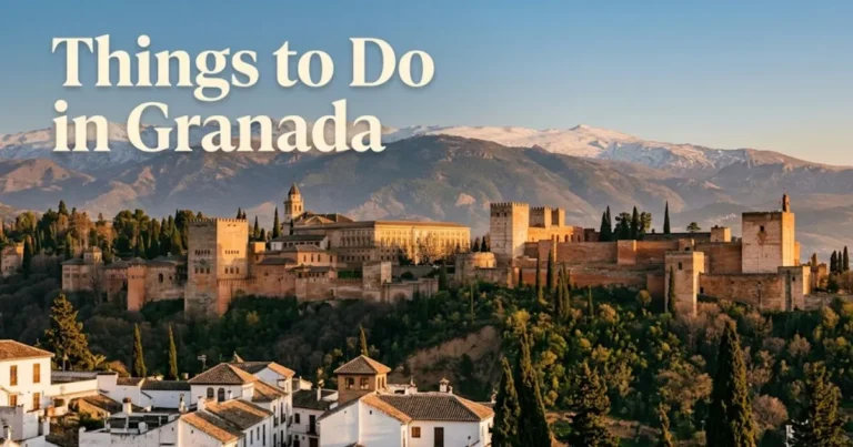 Alhambra palace and Sierra Nevada mountains at golden hour viewed from Granada's Albaicín neighborhood, with things to do in Granada headline text.
