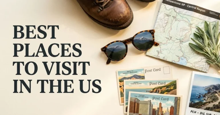 An editorial flat lay of US travel gear and postcards representing the best places to visit in the us for a 2026 travel guide.
