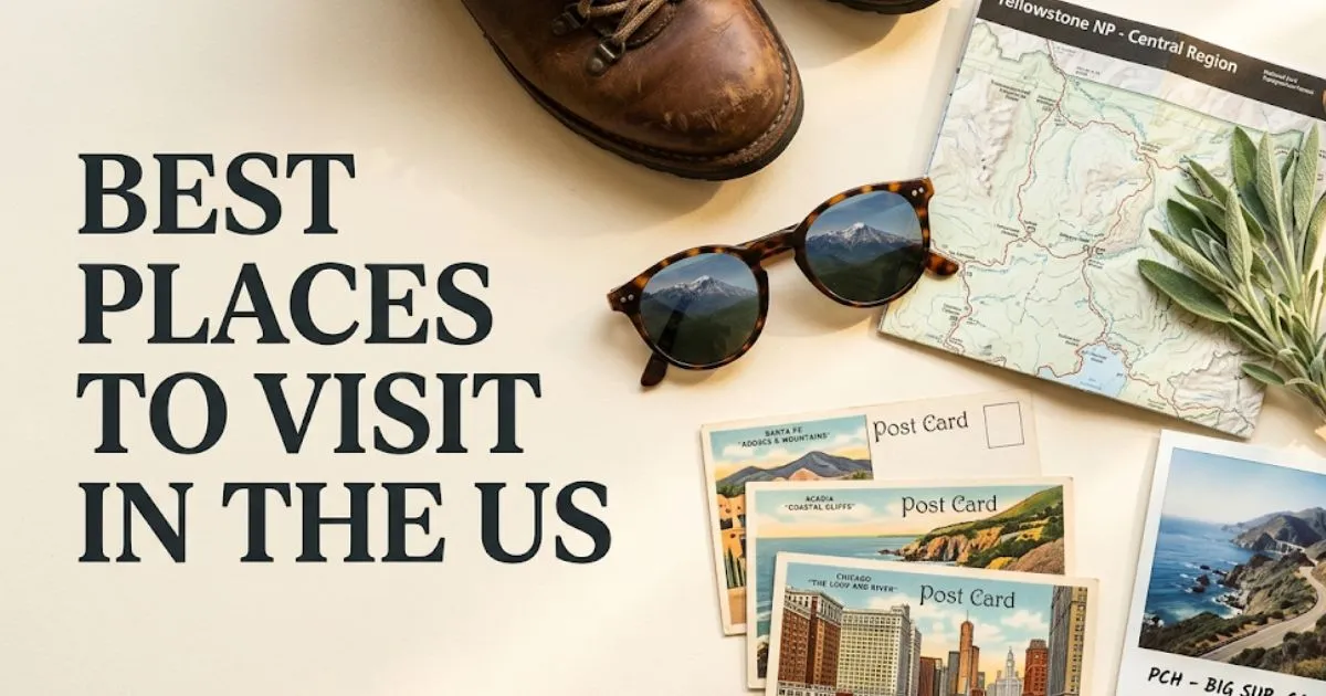 An editorial flat lay of US travel gear and postcards representing the best places to visit in the us for a 2026 travel guide.