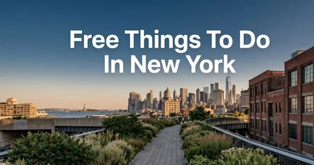 An editorial hero image of New York City from the High Line park with the text free things to do in new york in the sky.