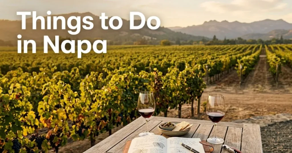 An editorial vineyard scene in Napa Valley with a tasting setup, featuring the headline Things to Do in Napa.