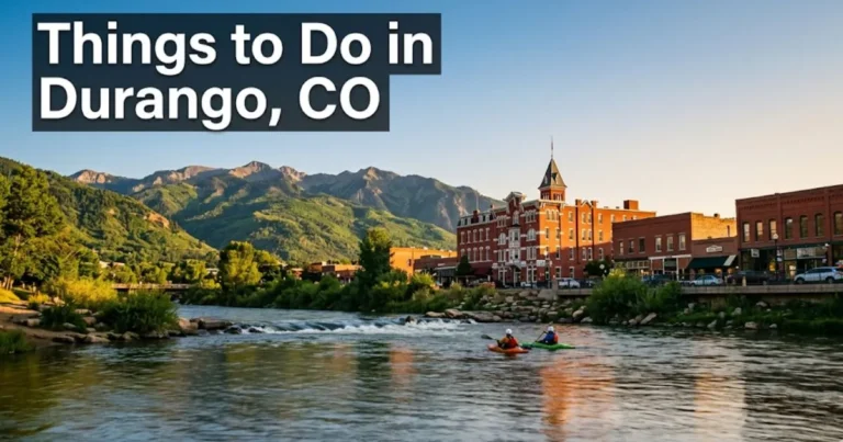 Animas River flowing through downtown Durango Colorado with kayakers and historic Main Avenue buildings at golden hour.