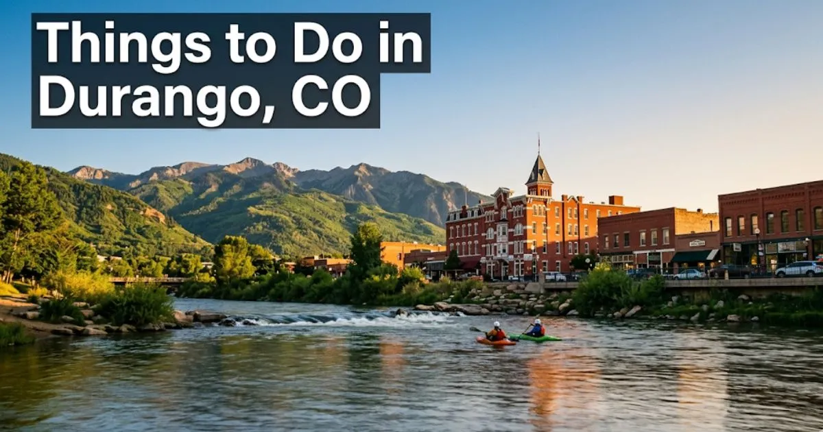 Animas River flowing through downtown Durango Colorado with kayakers and historic Main Avenue buildings at golden hour.