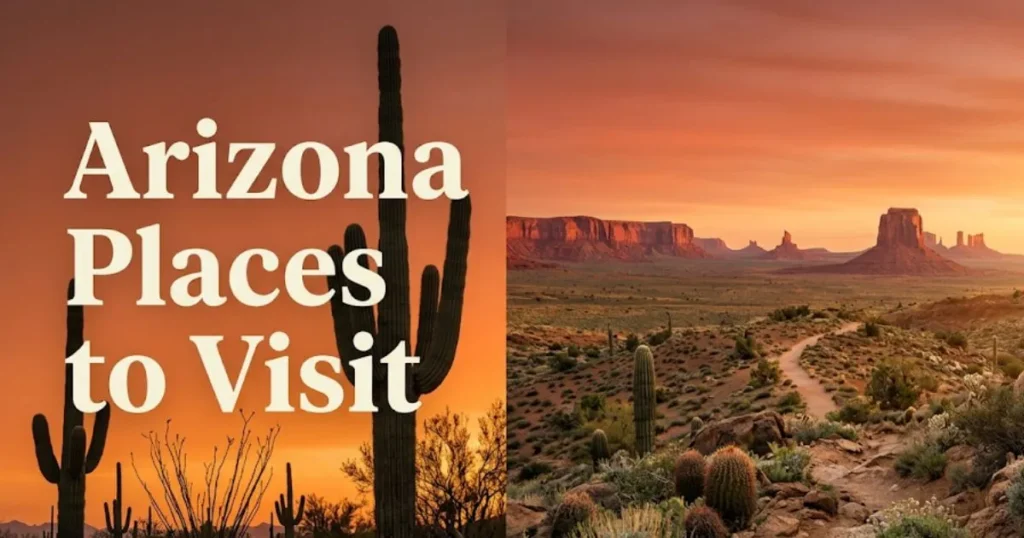 Arizona places to visit hero banner showing Sonoran Desert saguaro cacti and red mesa landscape at golden hour.