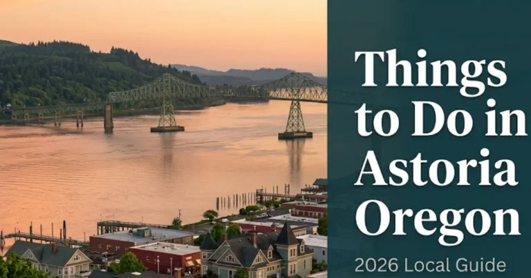 Astoria Oregon waterfront at golden hour with the Columbia River and Astoria-Megler Bridge, illustrating things to do in Astoria Oregon