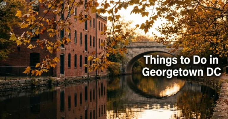 Autumn reflections of historic brick buildings on the C&O Canal in Georgetown, DC. A guide to the best things to do in the neighborhood.