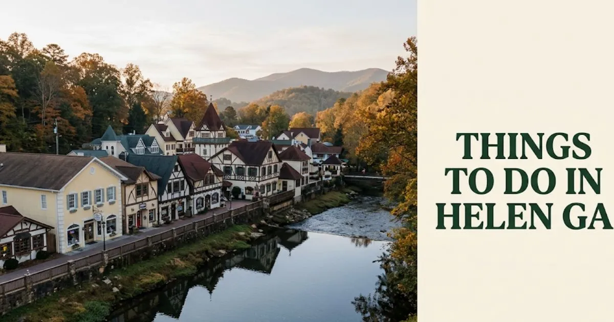Bavarian-style storefronts along the Chattahoochee River in Helen GA at golden hour with mountain backdrop, things to do in Helen GA guide