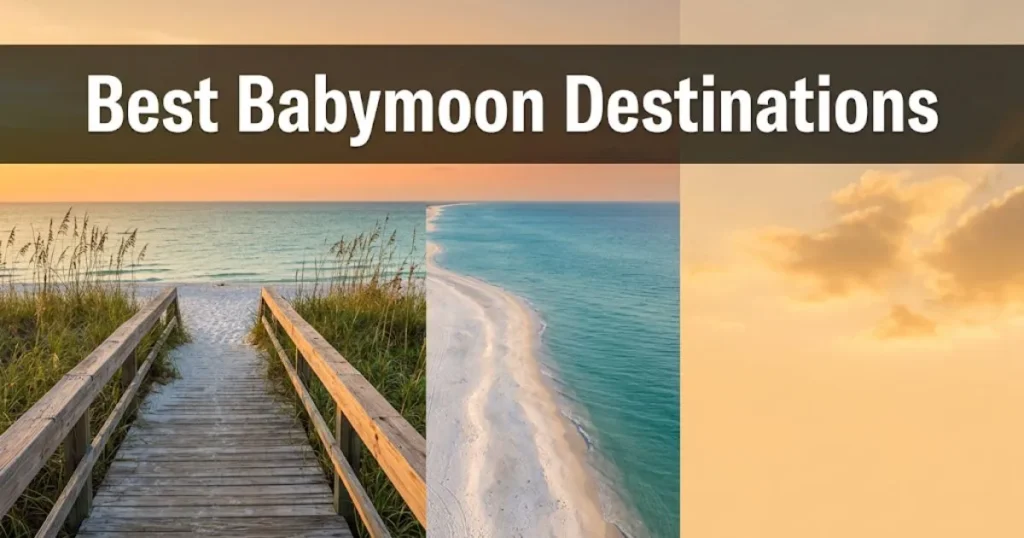 Best babymoon destinations USA guide featuring a golden-hour aerial view of a serene Atlantic beach coastline, 2026.