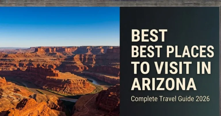Best places to visit in Arizona travel guide hero banner showing red canyon formations at golden hour, 2026 edition.