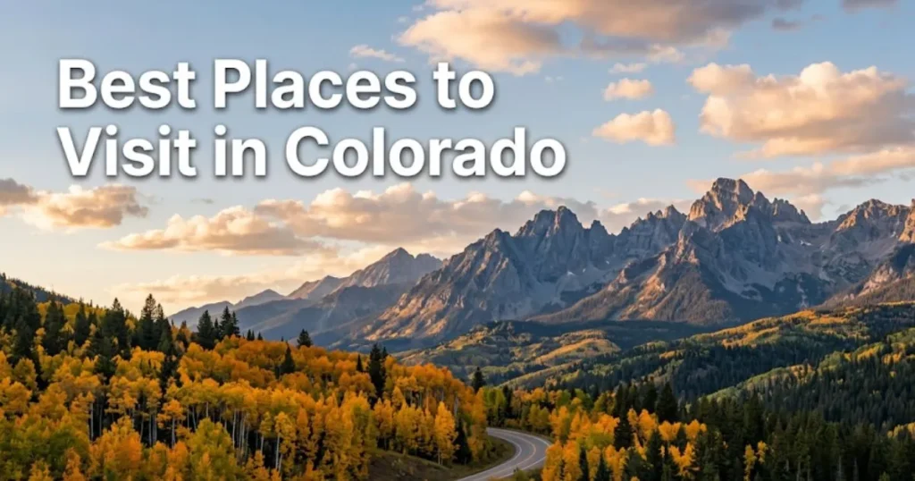 Best places to visit in Colorado featuring the San Juan Mountains near Telluride with fall aspen colors and 14,000-foot peaks during golden hour.