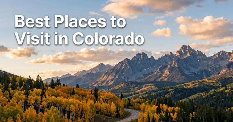 Best places to visit in Colorado featuring the San Juan Mountains near Telluride with fall aspen colors and 14,000-foot peaks during golden hour.