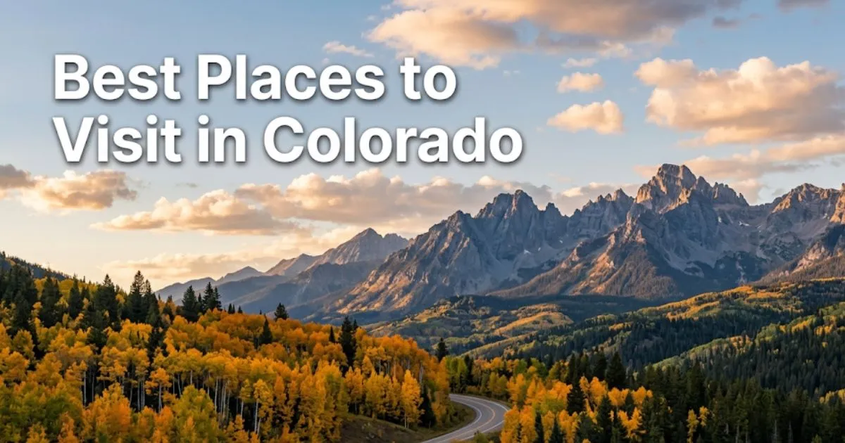 Best places to visit in Colorado featuring the San Juan Mountains near Telluride with fall aspen colors and 14,000-foot peaks during golden hour.