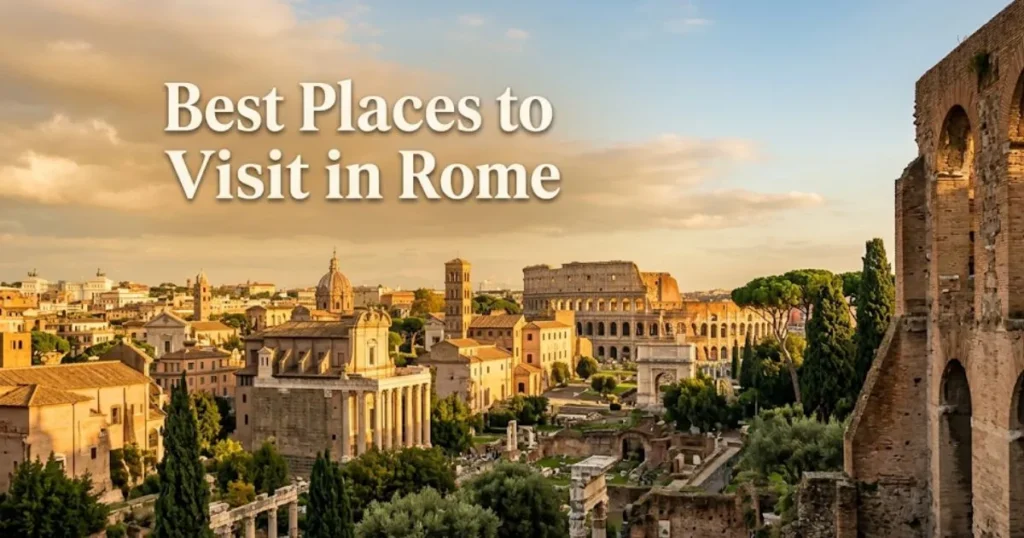 Best places to visit in Rome view from Palatine Hill overlooking the Roman Forum and Colosseum at golden hour.