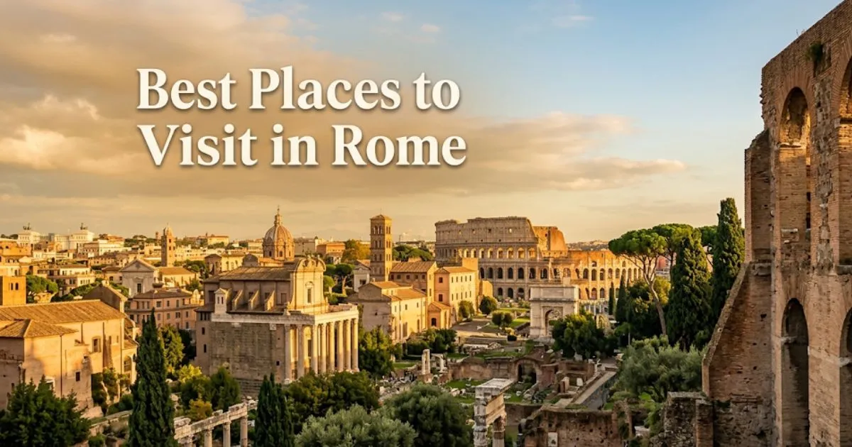Best places to visit in Rome view from Palatine Hill overlooking the Roman Forum and Colosseum at golden hour.