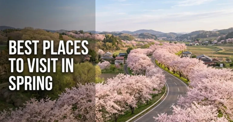 Best places to visit in spring 2026 guide hero image showing cherry blossom lined road in soft morning light