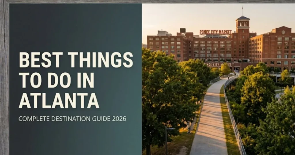 Best things to do in Atlanta guide featuring the Atlanta BeltLine Eastside Trail at golden hour near Ponce City Market