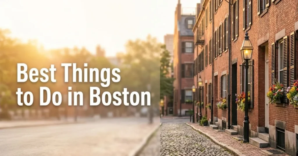 Best things to do in Boston shown with Acorn Street Beacon Hill cobblestone lane and brick row houses at golden hour.