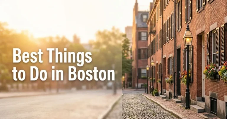 Best things to do in Boston shown with Acorn Street Beacon Hill cobblestone lane and brick row houses at golden hour.