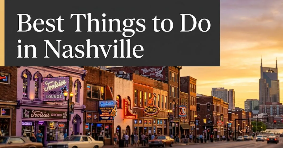 Best things to do in Nashville hero banner showing Broadway honky-tonk neon signs at golden hour with Nashville skyline.