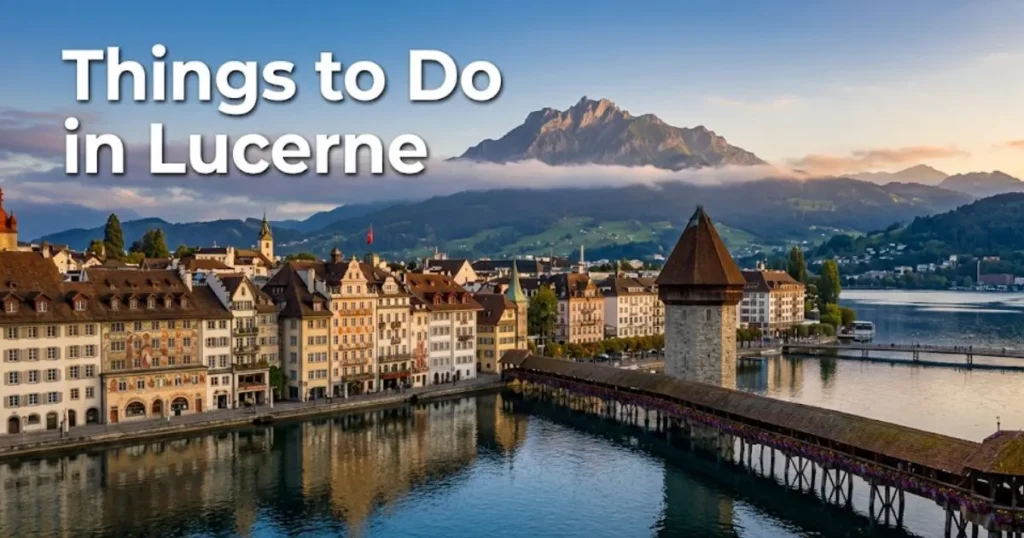 Chapel Bridge and Water Tower on Reuss River with Mount Pilatus behind, Lucerne Switzerland things to do guide hero image.